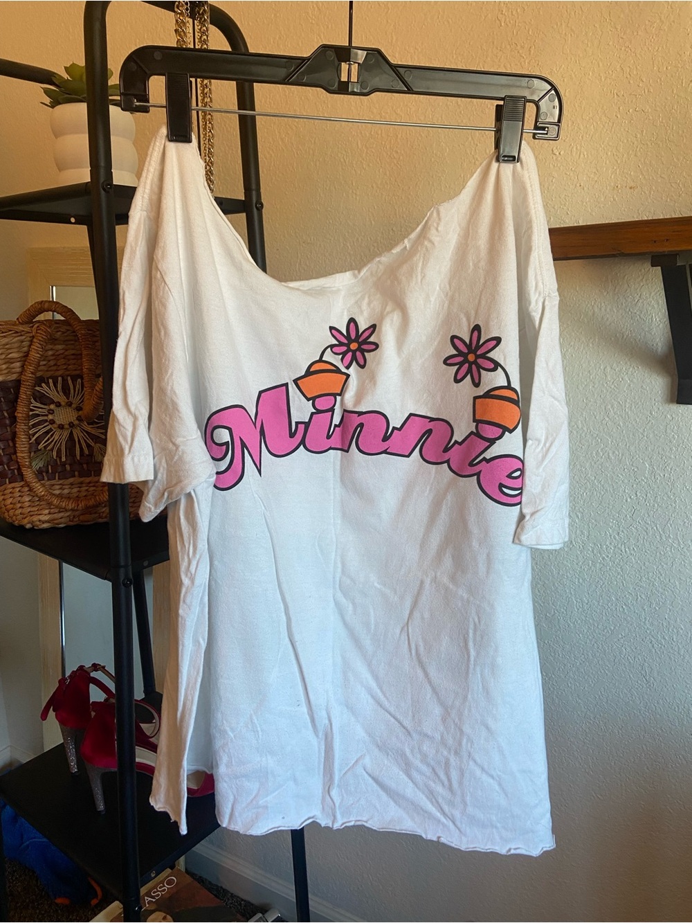 White Off the Shoulder ‘Minnie' Graphic Tee with Pink Script